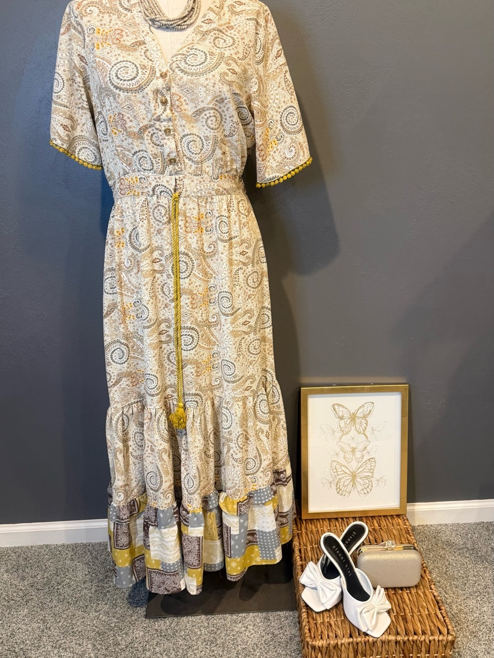 DAVI & DANI Cream Paisley Maxi Dress with Mustard Trim